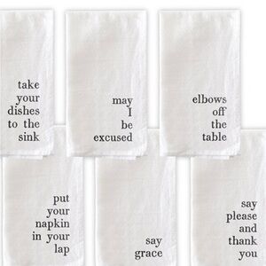 White Cotton Fabric set of 6 Napkins. With funny sayings. Will make you laugh 😆